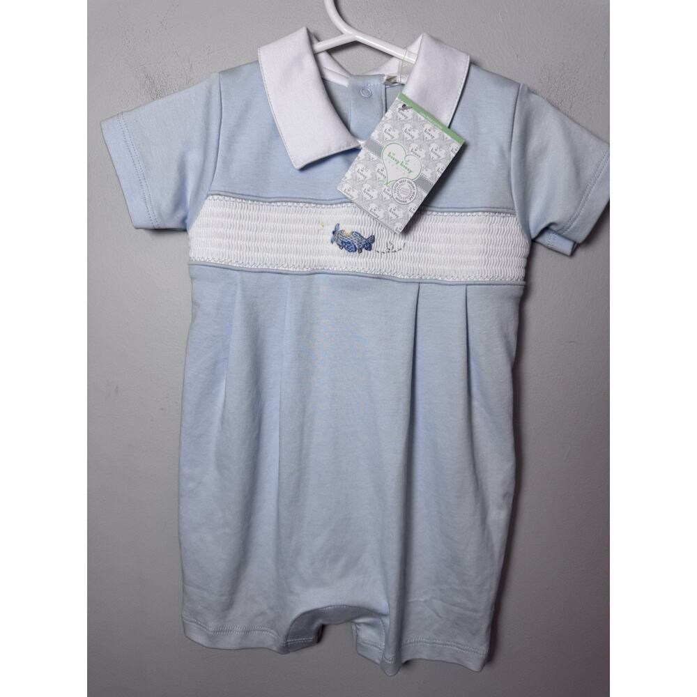 Kissy Kissy Pale Blue and White Smocked Cotton Romper with Whale Embroidery